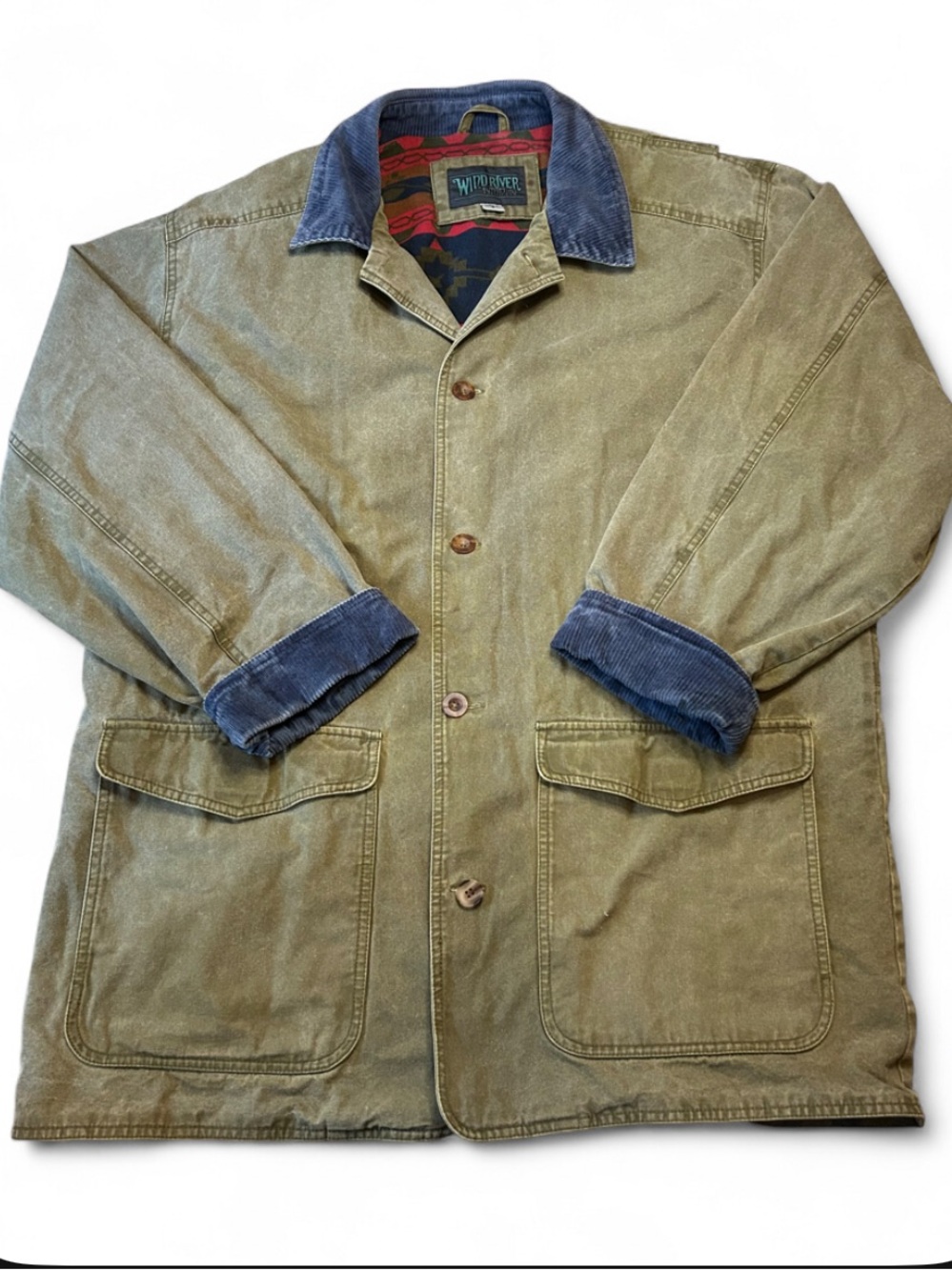 Vintage windriver size M 100% cotton Olive Canvas Field Coat Blue Corduroy Trim